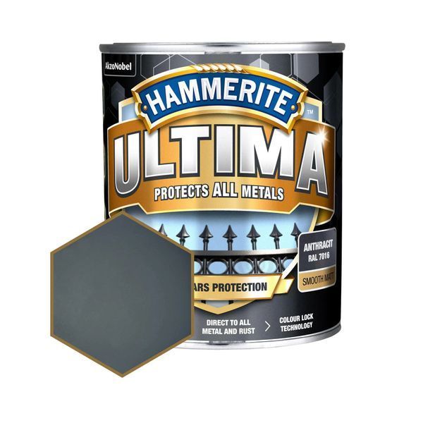 Защитная краска 3 в 1 по металлу на водной основе Hammerite Ultima Matt, матовая, антрацитово-серая RAL 7016 5774724 фото