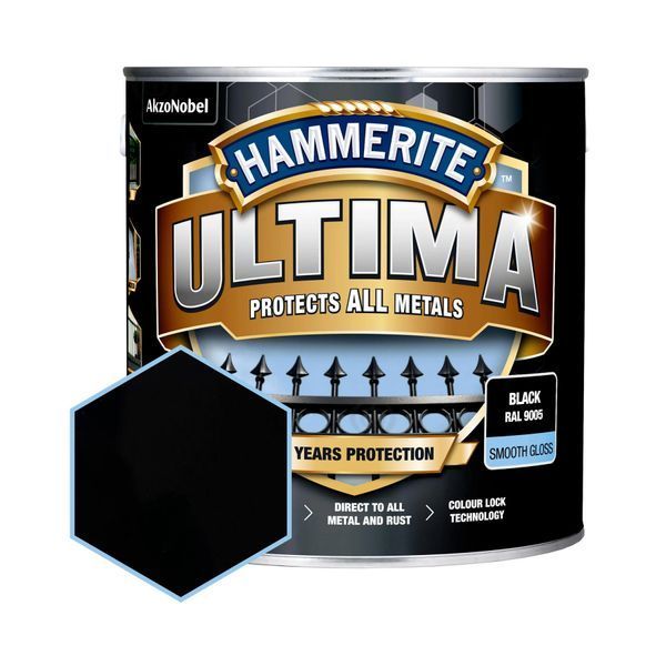 Гладка фарба 3 в 1 по металу на водній основі Hammerite Ultima Smooth захисна, глянцева, чорна RAL 9005 5774725 фото